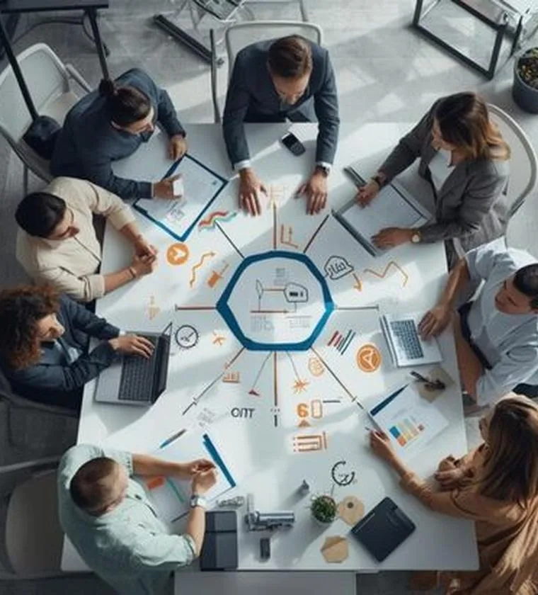 Team collaborating around a strategy planning table