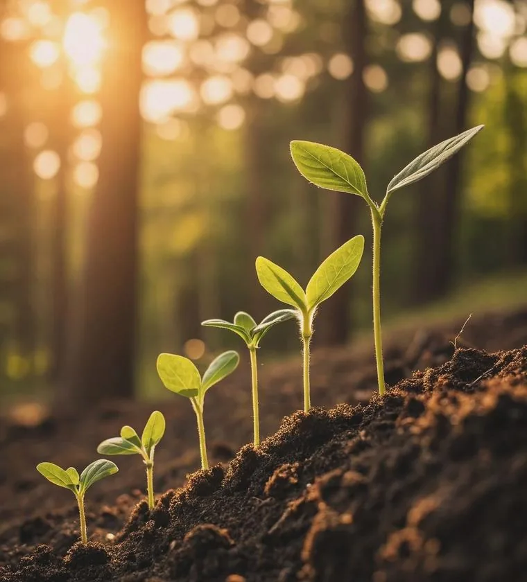Young seedlings growing in a row of soil